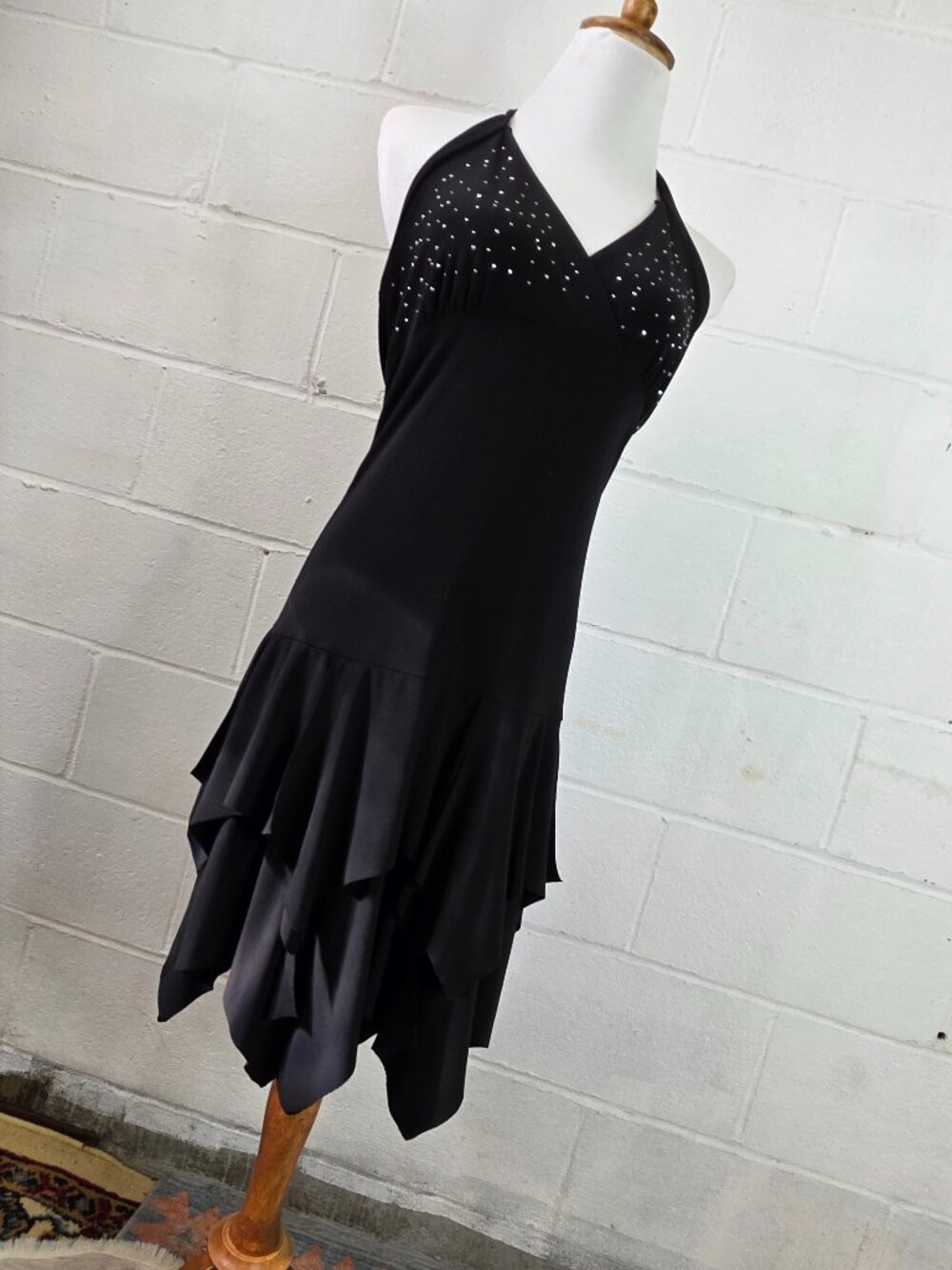 y2k Gothic McBling Whimsical Taboo Black Halter Dress with Rhinestone Detailing